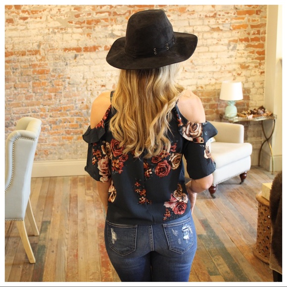 ✨LAST✨Dark teal Floral cold shoulder ruffle top - Picture 7 of 7